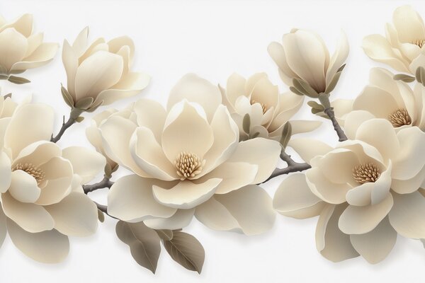 Carta da parati Fiori di magnolia sbocciati di colore beige in tonalità crema su sfondo bianco, Carta da parati Floreale, w08692 : Uwalls.it
