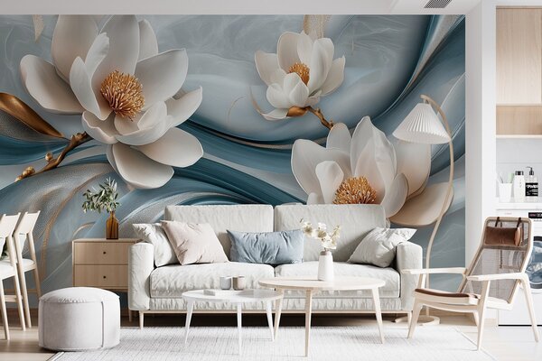 Carta da parati Fiori di magnolia abbinati a toni blu, bianchi e gialli con onde astratte, Carta da parati Floreale, w08695 : Uwalls.it