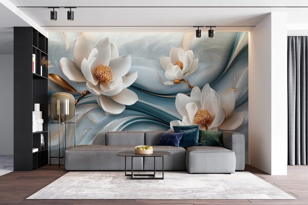 Carta da parati Fiori di magnolia abbinati a toni blu, bianchi e gialli con onde astratte, Carta da parati Floreale, w08695 : Uwalls.it