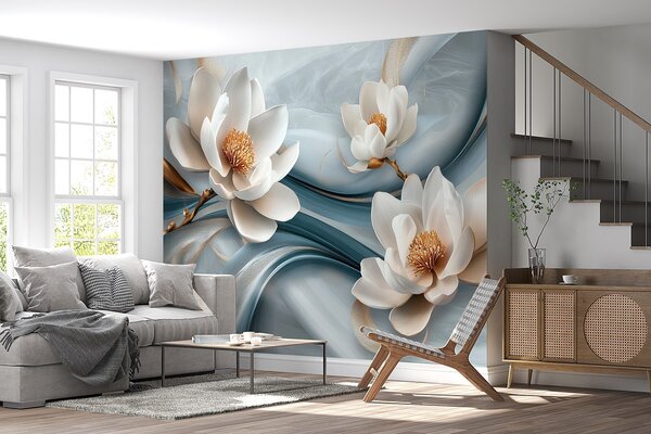 Carta da parati Fiori di magnolia abbinati a toni blu, bianchi e gialli con onde astratte, Carta da parati Floreale, w08695 : Uwalls.it
