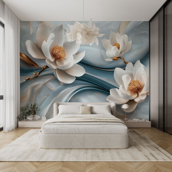 Carta da parati Fiori di magnolia abbinati a toni blu, bianchi e gialli con onde astratte, Carta da parati Floreale, w08695 : Uwalls.it