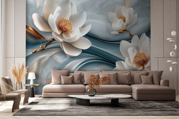 Carta da parati Fiori di magnolia abbinati a toni blu, bianchi e gialli con onde astratte, Carta da parati Floreale, w08695 : Uwalls.it