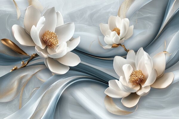Carta da parati Fiori di magnolia abbinati a toni blu, bianchi e gialli con onde astratte, Carta da parati Floreale, w08695 : Uwalls.it