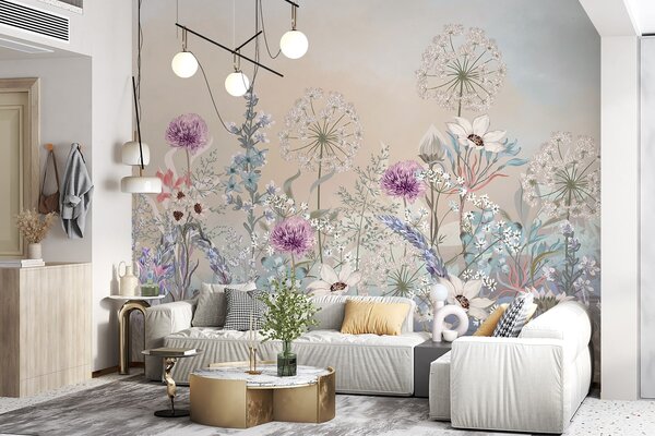 Carta da parati Un vivace giardino floreale con vari fiori ed erba su uno sfondo morbido e sfumato, Carta da parati Acquerello, w08699 : Uwalls.it