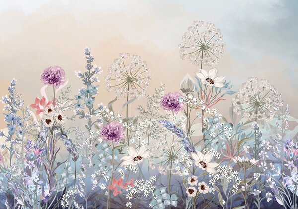 Carta da parati Un vivace giardino floreale con vari fiori ed erba su uno sfondo morbido e sfumato, Carta da parati Acquerello, w08699 : Uwalls.it
