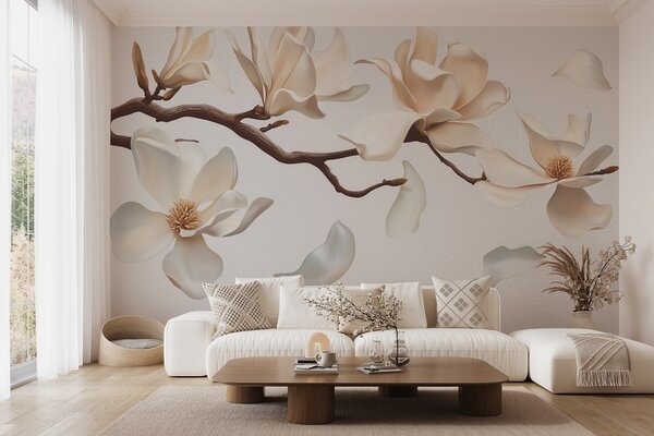 Carta da parati Un ramo d'albero con delicati fiori di magnolia e petali cadenti, Carta da parati Floreale, w08706 : Uwalls.it