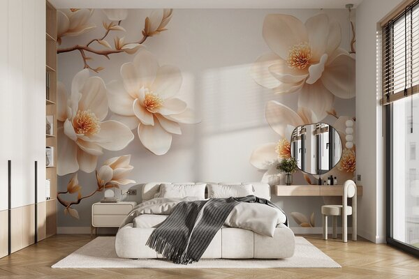 Carta da parati Bella fioritura di fiori di magnolia color crema su sfondo bianco, Carta da parati Floreale, w08704 : Uwalls.it