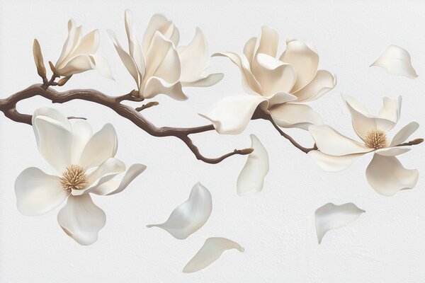 Carta da parati Un ramo d'albero con delicati fiori di magnolia e petali cadenti, Carta da parati Floreale, w08706 : Uwalls.it