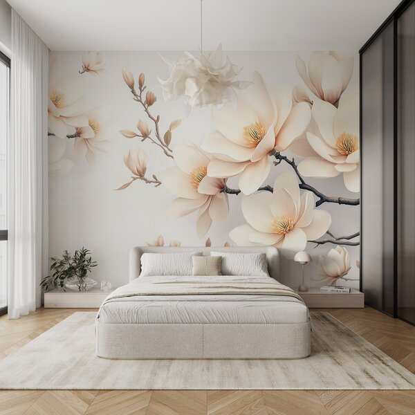 Carta da parati Bella fioritura di fiori di magnolia color crema su sfondo bianco, Carta da parati Floreale, w08721 : Uwalls.it