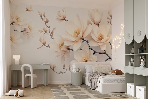 Carta da parati Bella fioritura di fiori di magnolia color crema su sfondo bianco, Carta da parati Floreale, w08721 : Uwalls.it