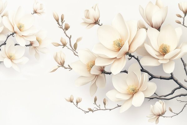 Carta da parati Bella fioritura di fiori di magnolia color crema su sfondo bianco, Carta da parati Floreale, w08721 : Uwalls.it