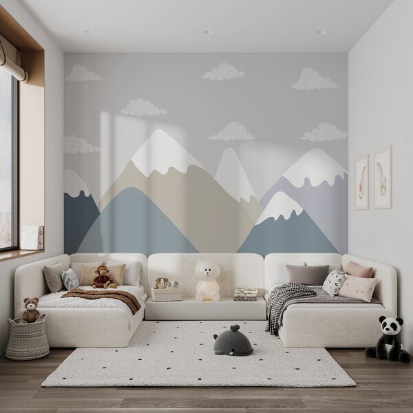 Carta da parati Paesaggio montano minimalista con cime innevate nei toni tenui del grigio-blu e del, Carta da parati per Bambini, w03040 : Uwalls.it