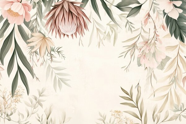 Carta da parati Fiore di protea tra varie foglie e piante nei toni caldi del beige e del verde, Carta da parati Natura, w03019 : Uwalls.it