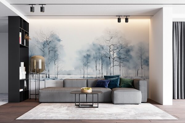 Carta da parati Alberi blu in stile acquerello su sfondo bianco, Carta da parati Natura, w08753 : Uwalls.it