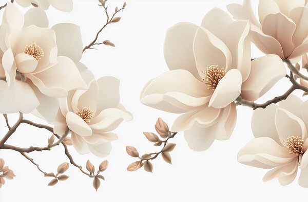 Carta da parati Rami di magnolia color crema su sfondo bianco, Carta da parati Floreale, w08755 : Uwalls.it