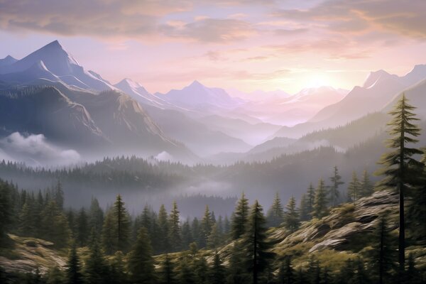 Carta da parati Paesaggio montano sereno all'alba con nebbia soffusa sullo sfondo di una foresta, Carta da parati Natura, w08750 : Uwalls.it