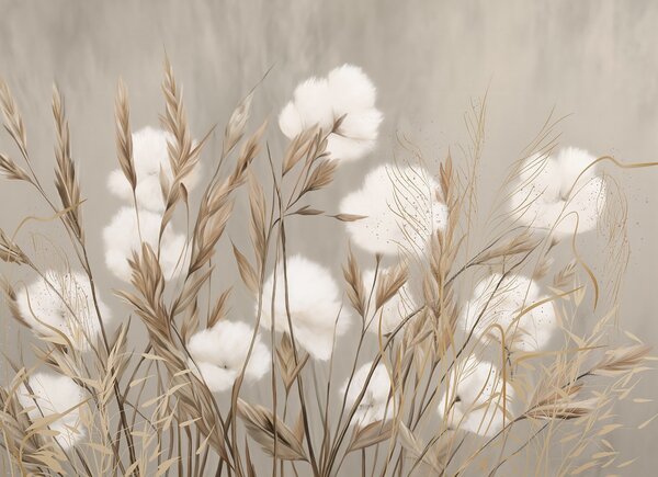 Carta da parati Morbidi fiori bianchi in cotone e alte spighe arancioni su uno sfondo beige dalla texture, Carta da parati Natura, w08784 : Uwalls.it
