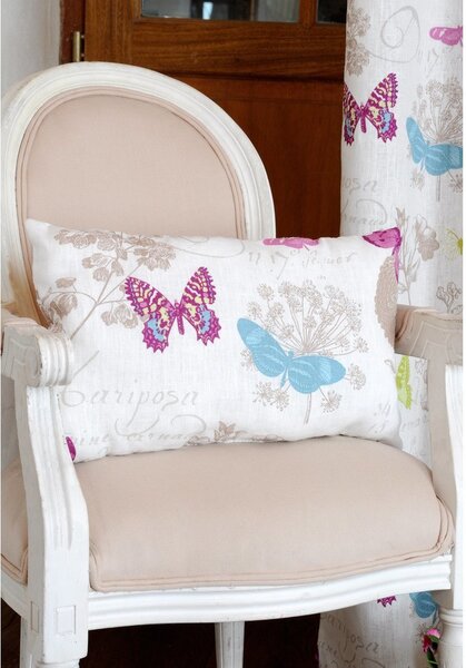 Cuscino decorativo rettangolare bianco con farfalle in lino