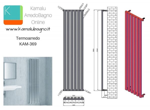 Kamalu radiatore termoarredo 420x1800mm con 6 tubi verticali modello kam-369