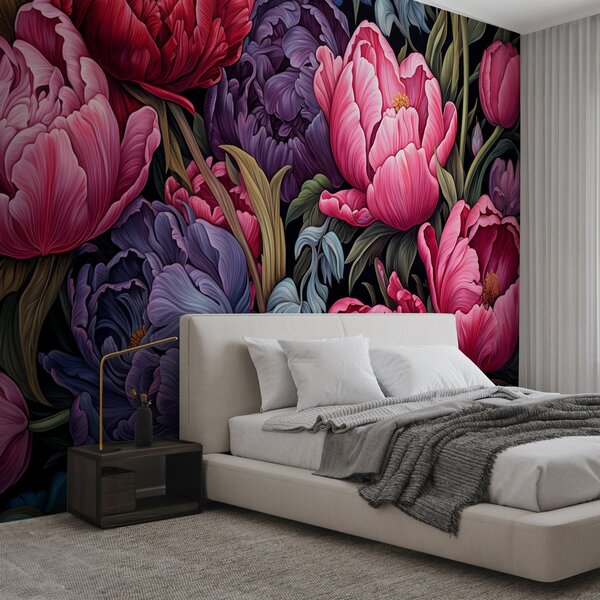 Carta da parati Tulipani e peonie in stile vittoriano, nei colori rosa e, Carta da parati Floreale, Carta da parati Fiori grandi, w08818 : Uwalls.it