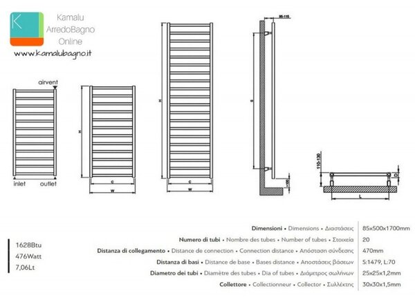 Kamalu termoarredo bagno 1700x500m nero opaco modello kam-378n