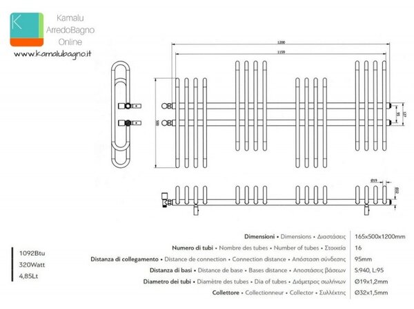 Kamalu scaldabagno radiatore 500x1200mm modello kam-376