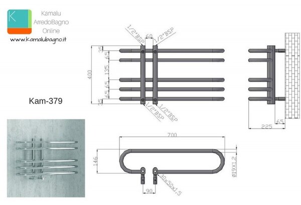 Kamalu scalda salviette termoarredo 700x400mm finitura cromata | kam-379