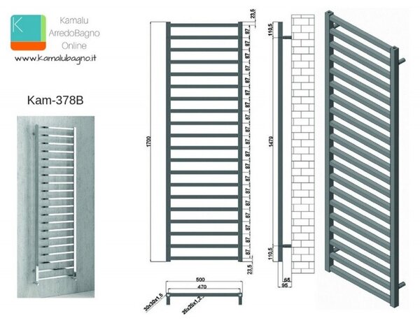 Kamalu termoarredo bagno 1700x500m nero opaco modello kam-378n