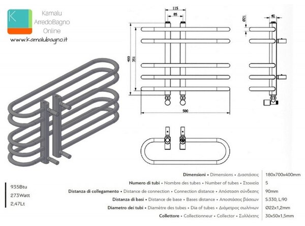 Kamalu scalda salviette termoarredo 700x400mm finitura cromata | kam-379