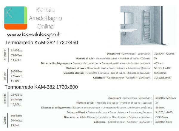 Kamalu radiatore bagno cromo 1720x450mm modello kam-382c
