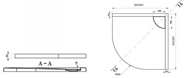 KAMALU - Piatto doccia 80x80 semicircolare acrilico con canalina in acciaio