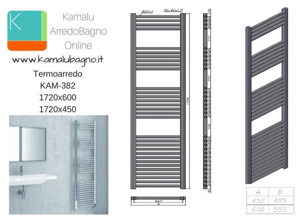 Kamalu radiatore bagno cromo 1720x450mm modello kam-382c