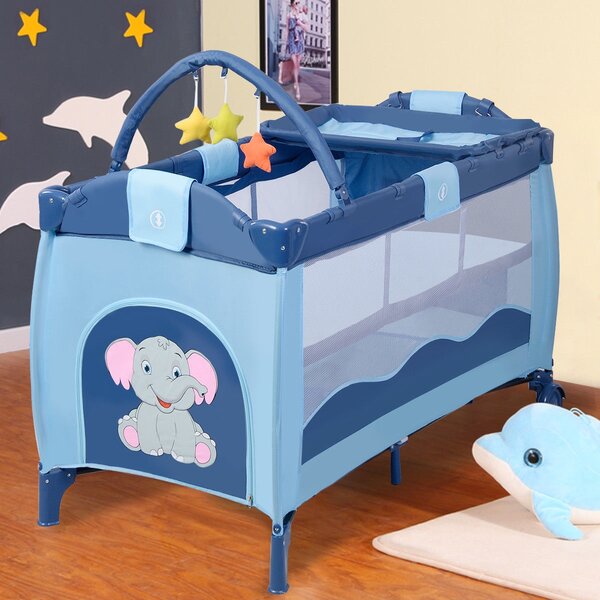 Costway Culla lettino pieghevole da viaggio per bambini con borsa di trasporto 124x65x77cm Blu