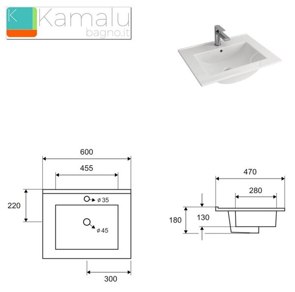 Mobiletto lavabo 60 cm con due 2 cassetti lavabo incasso EL-60L - KAMALU