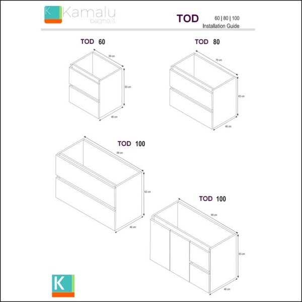 Composizione bagno sospesa 80cm: mobile, specchio e colonna TOD-80B - KAMALU