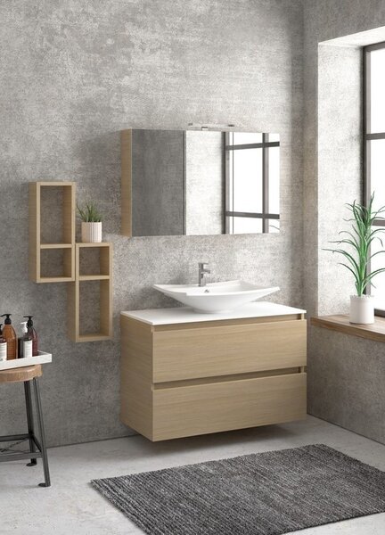 Kamalu composizione bagno sospesa 100cm: mobile, specchio contenitore e due pensili tod-100e