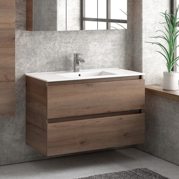 Kamalu composizione bagno sospesa 100cm: mobile con lavabo, specchio contenitore e colonna tod-100f