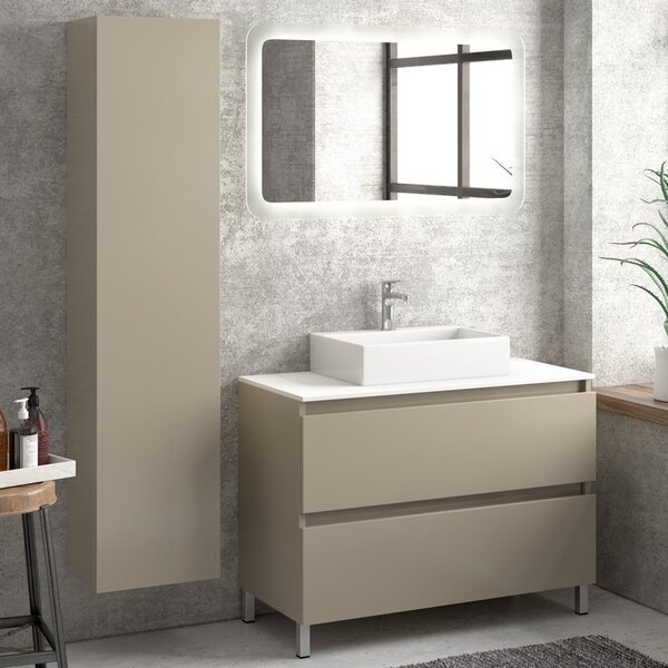 Composizione bagno 100cm installazione a terra: mobile, specchio led e colonna TOD-100D - KAMALU