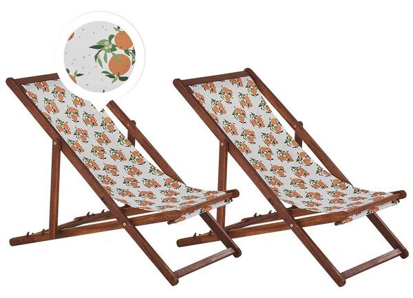 Set di 2 sedie a sdraio da giardino con struttura in legno di acacia scuro motivo arance in tessuto amaca sedile reclinabile pieghevole Tele di Sostituzione Beliani