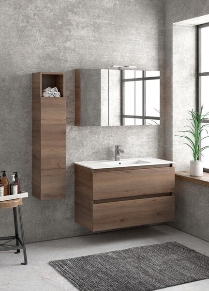 Kamalu composizione bagno sospesa 100cm: mobile con lavabo, specchio contenitore e colonna tod-100f