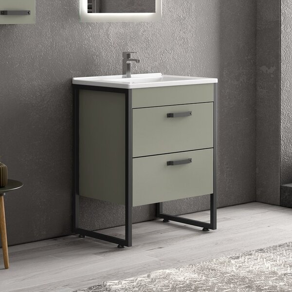 Kamalu composizione bagno a terra 65cm: mobile con lavabo, specchio led e pensile ikos-65