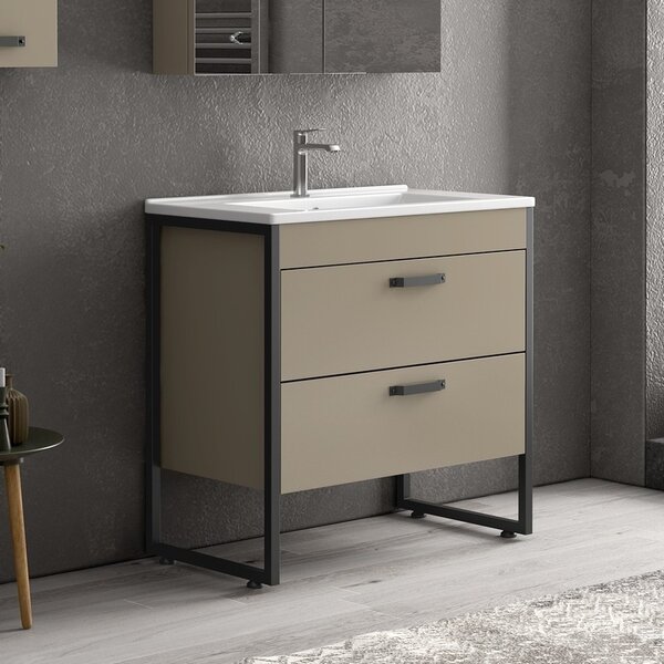Kamalu composizione bagno a terra 85cm: mobile con lavabo, specchio contenitore e pensile ikos-85