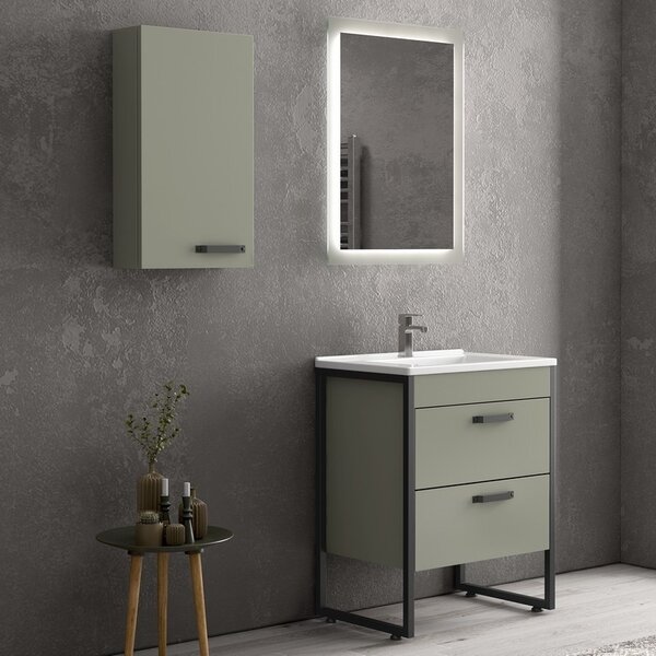 Kamalu composizione bagno a terra 65cm: mobile con lavabo, specchio led e pensile ikos-65