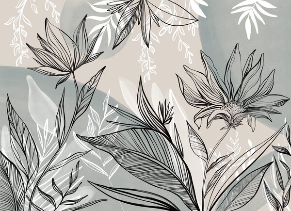 Carta da parati Line art floreale con foglie e fiori di grandi, Carta da parati Floreale, Carta da parati Fiori grandi, w08865 : Uwalls.it