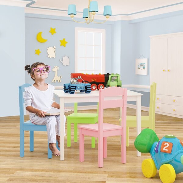 Costway Set tavolo e 4 sedie per bambini in legno Set mobili 5 pezzi per bimbi da gioco 66x56x48cm Colorato 2