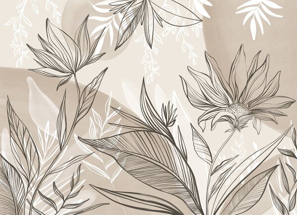 Carta da parati Line art floreale con foglie e fiori di grandi dimensioni, su uno sfondo di lavaggi, Carta da parati Acquerello, w08865v1 : Uwalls.it