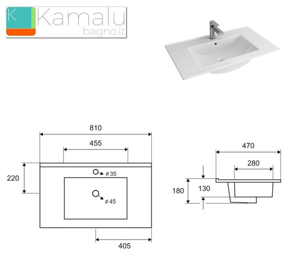 Mobile bagno sospeso 80cm con lavabo incasso e due cassetti EL-80L - KAMALU