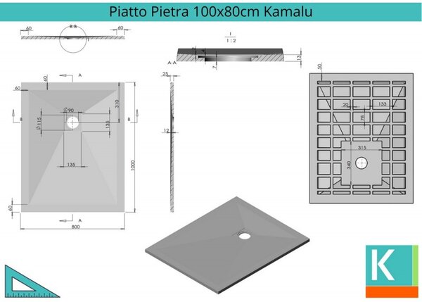 KAMALU - Piatto doccia 100x80 effetto pietra grigio cemento