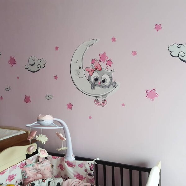 Adesivo per la camera dei bambini - Gufetto grigio-rosa