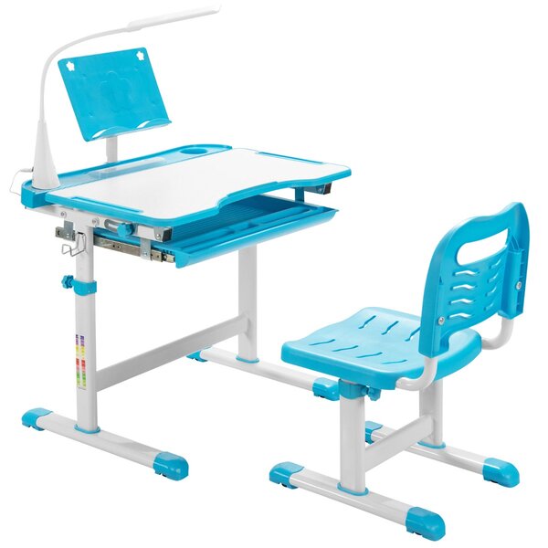 Costway Set scrivania e sedia per bambini con altezza regolabile, Scrivania e sedia con leggio per libri e luce LED Blu